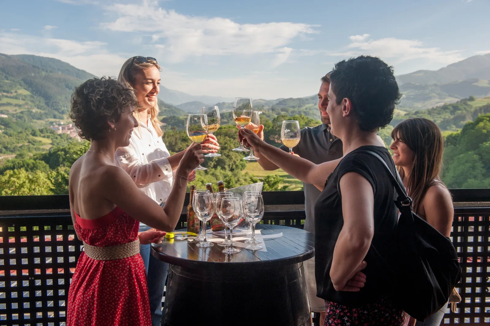 Guests toasting with cider glasses on a terrace above the valley
